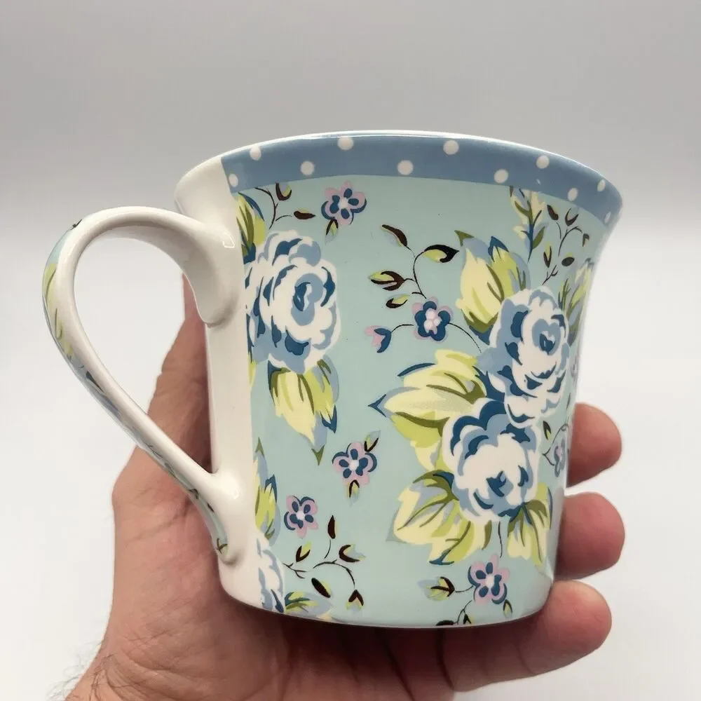 Pier 1 Imports Blue Floral Polka Dot Rim Coffee/Tea Cup Mug